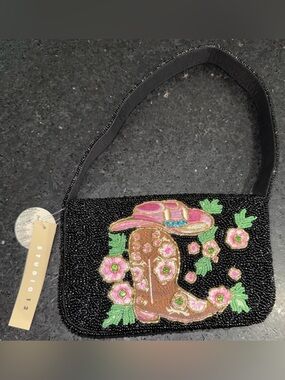 NEW Studio 12 Black Beaded
Shoulder Pink Floral Cowboy Boots & Hat VIRAL BAG